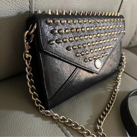 Rebecca Minkoff Crossbody Bag Studded Chain Black Leather Gold Biker Grunge Rock - Picture 16 of 16